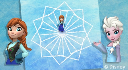 Anna dan Elsa dari film Frozen. Di antara mereka adalah gambar Anna menggambar bentuk cantik di es menggunakan sepatu es nya.