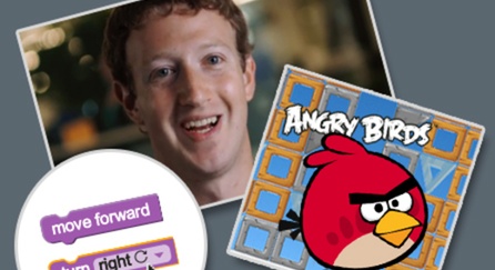 Kolase gambar yang menampilkan kode, Mark Zuckerberg, dan Angry Birds.